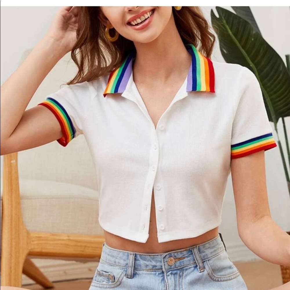 ISO SHEIN Rainbow Striped Collar and Cuff Buttoned Front Tee Size XL 12